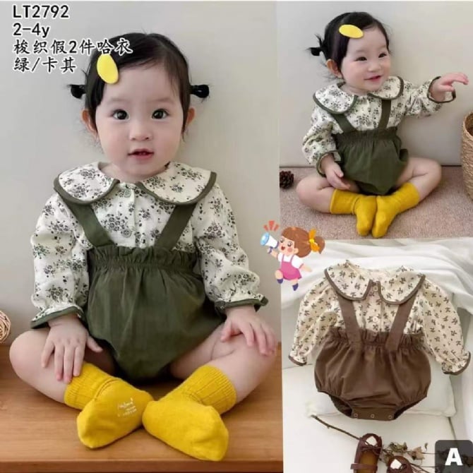 碎花假两式翻领连体包屁衣2792