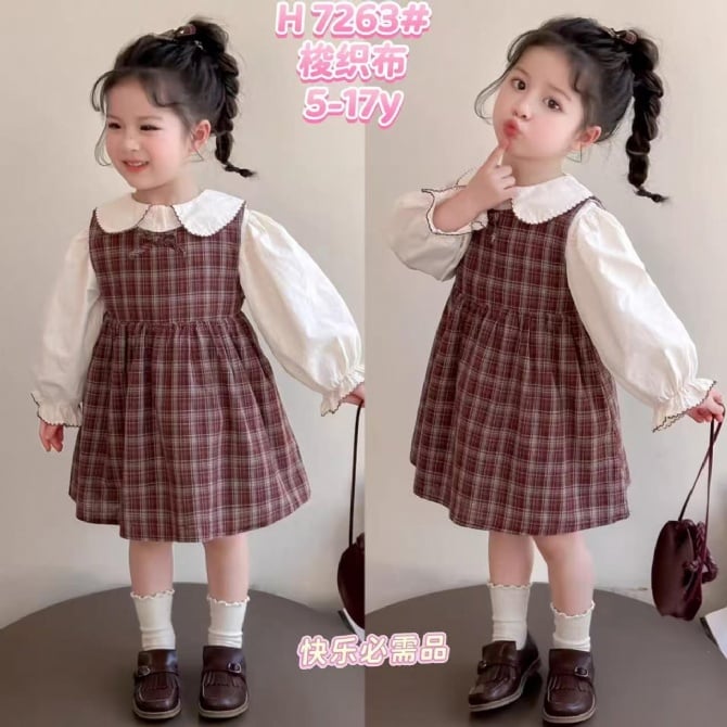 小格子翻领长袖连身裙7263T