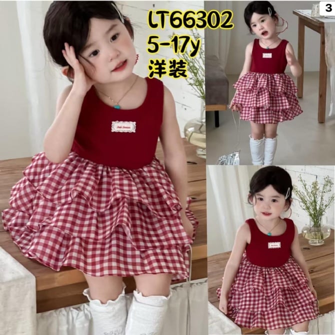 格子蓬蓬裙拼接背心连衣裙66302