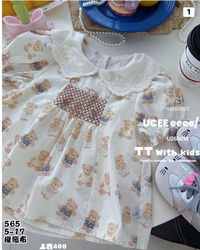 满印小熊娃娃领泡泡袖连身裙565