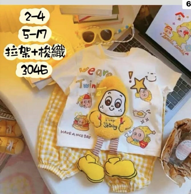 立体星星人格子长裤套装3046