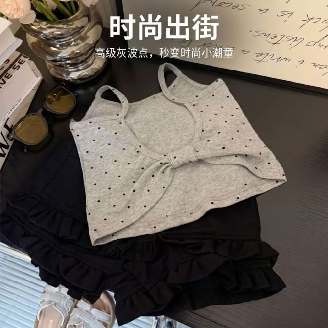 蝴蝶结波点露背吊带上衣【9380】