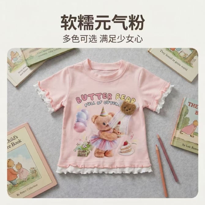 立体奶油熊蕾丝花边上衣【9381】